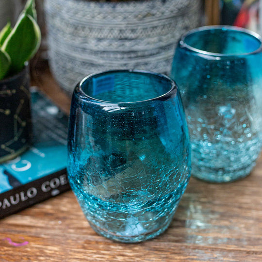 Verre à vin mexicain sans pied, Aqua Crackle, 4,5"