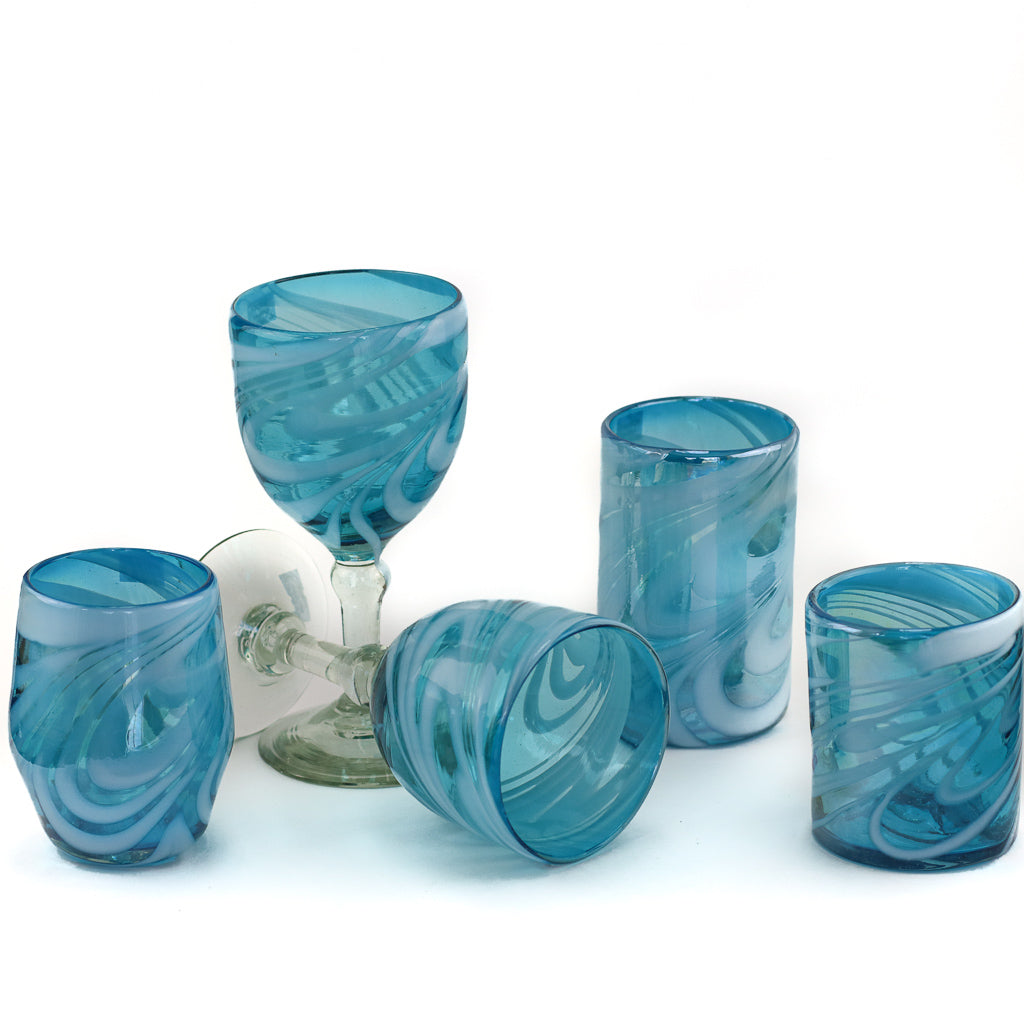 Mexican Wine Glass - Aqua & White Swirl Lustre - 7"