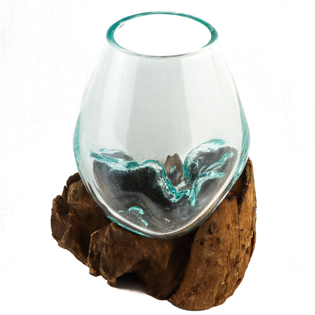 Globe en verre sur bois naturel, 14,5"