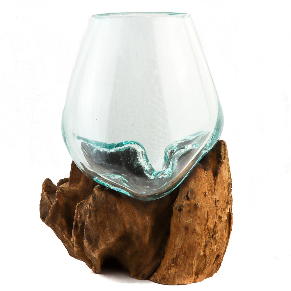Globe en verre sur bois naturel, 13"