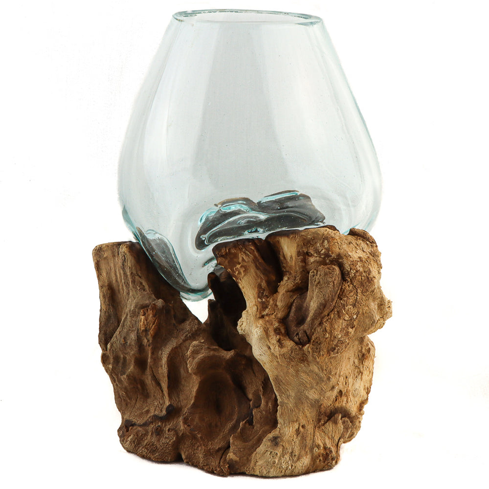 Globe en verre sur bois naturel, 9,5"