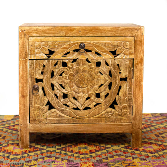 Photo of Ornate Carved Bedside Table Cabinet - Natural