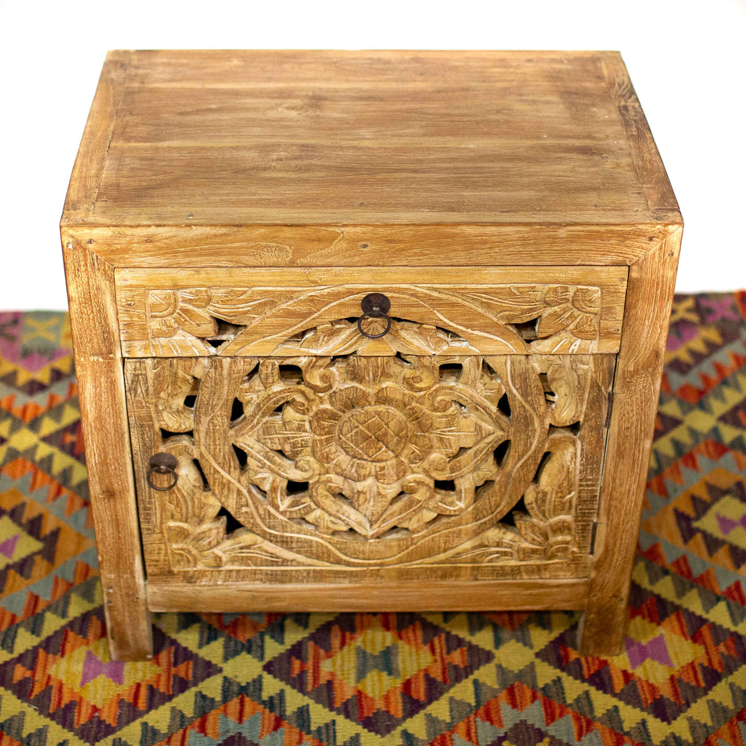 Photo of Ornate Carved Bedside Table Cabinet - Natural