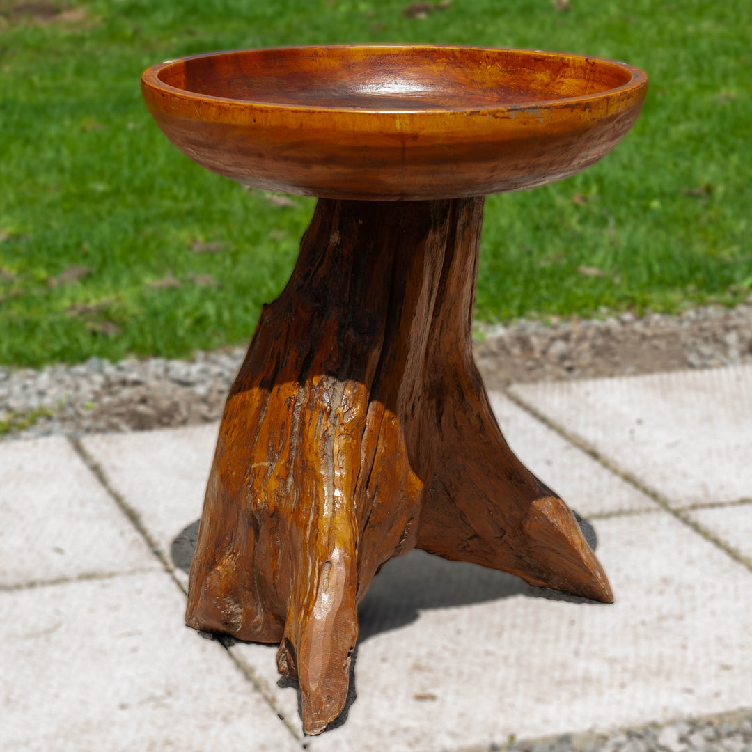 A teak bird bath shaped table on a teak root base