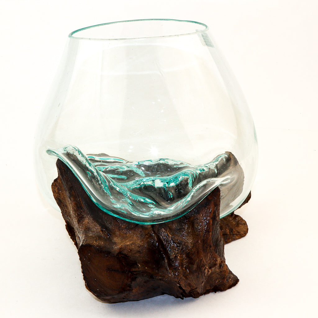 Globe en verre sur bois naturel, 10,5"