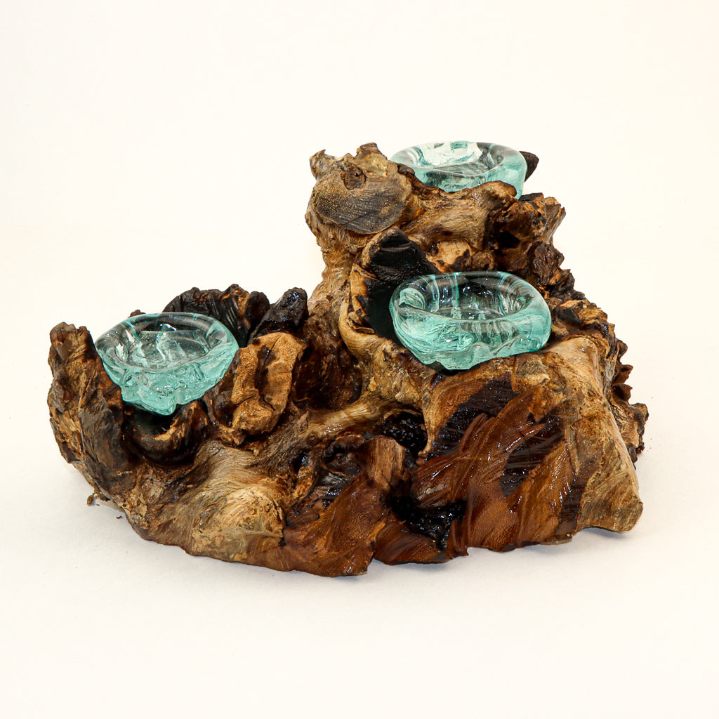 Recycled Glass on Wood Triple T-Lite Holder