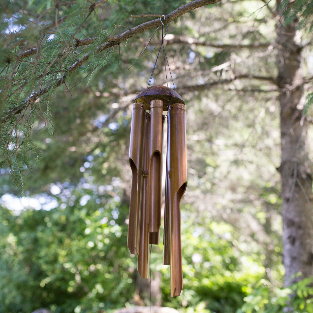 Photo of bamboo windchimes hanging in the tree