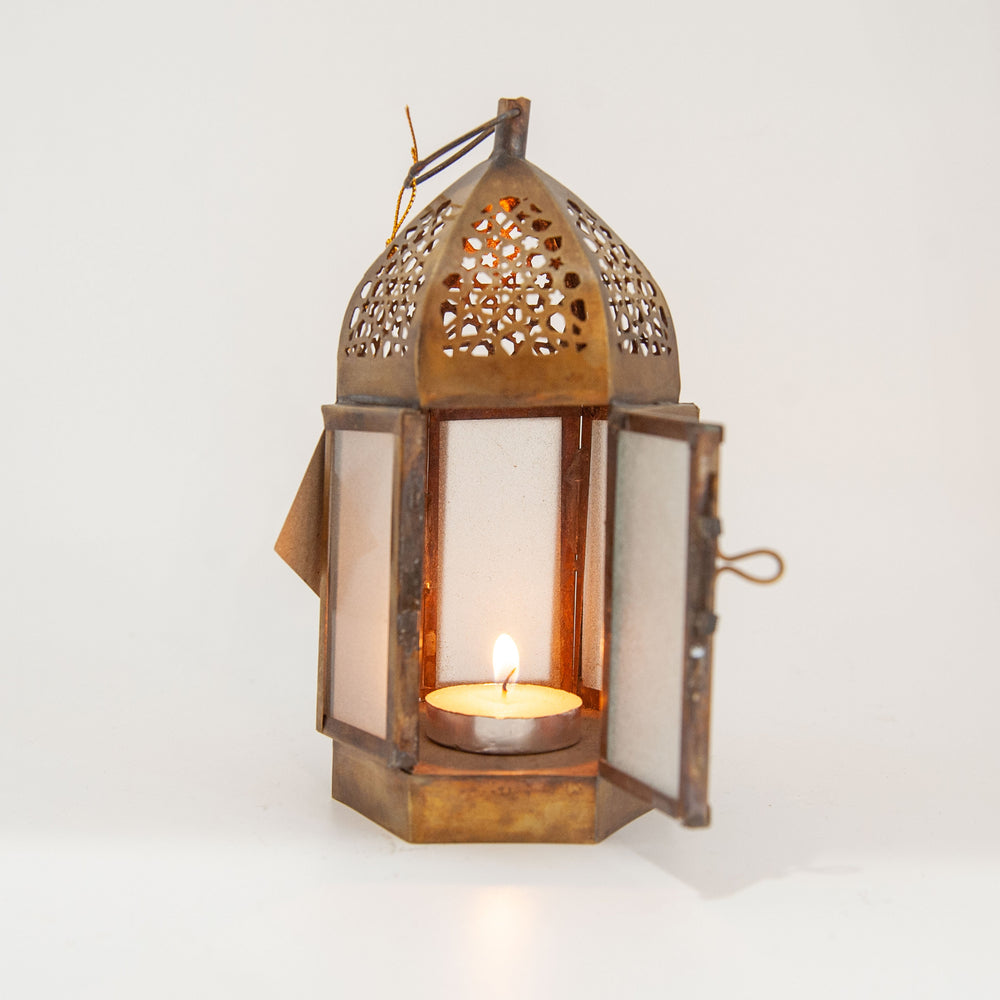 Egyptian Brass Glass Lantern - White