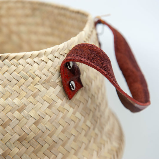 Panier en palmier tissé à la main avec poignées en cuir - Naturel