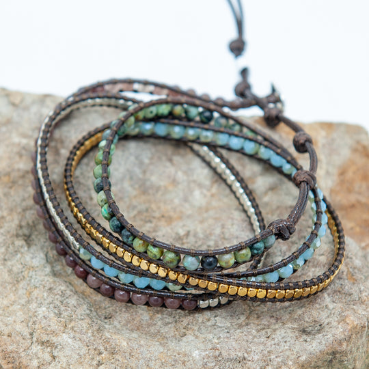 Dark Brown Wrap Bracelet w/ Blue and Green Beads