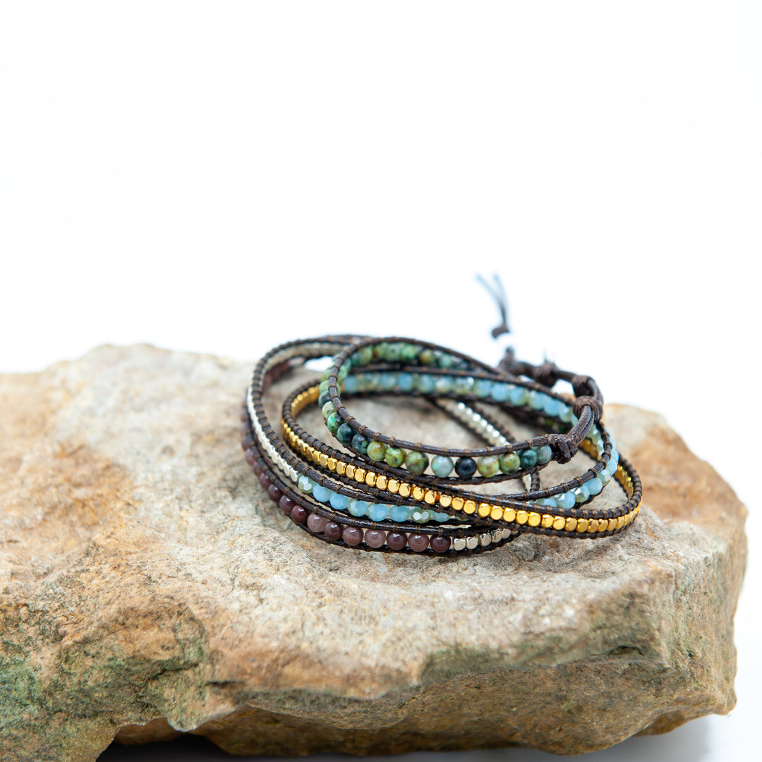 Dark Brown Wrap Bracelet w/ Blue and Green Beads