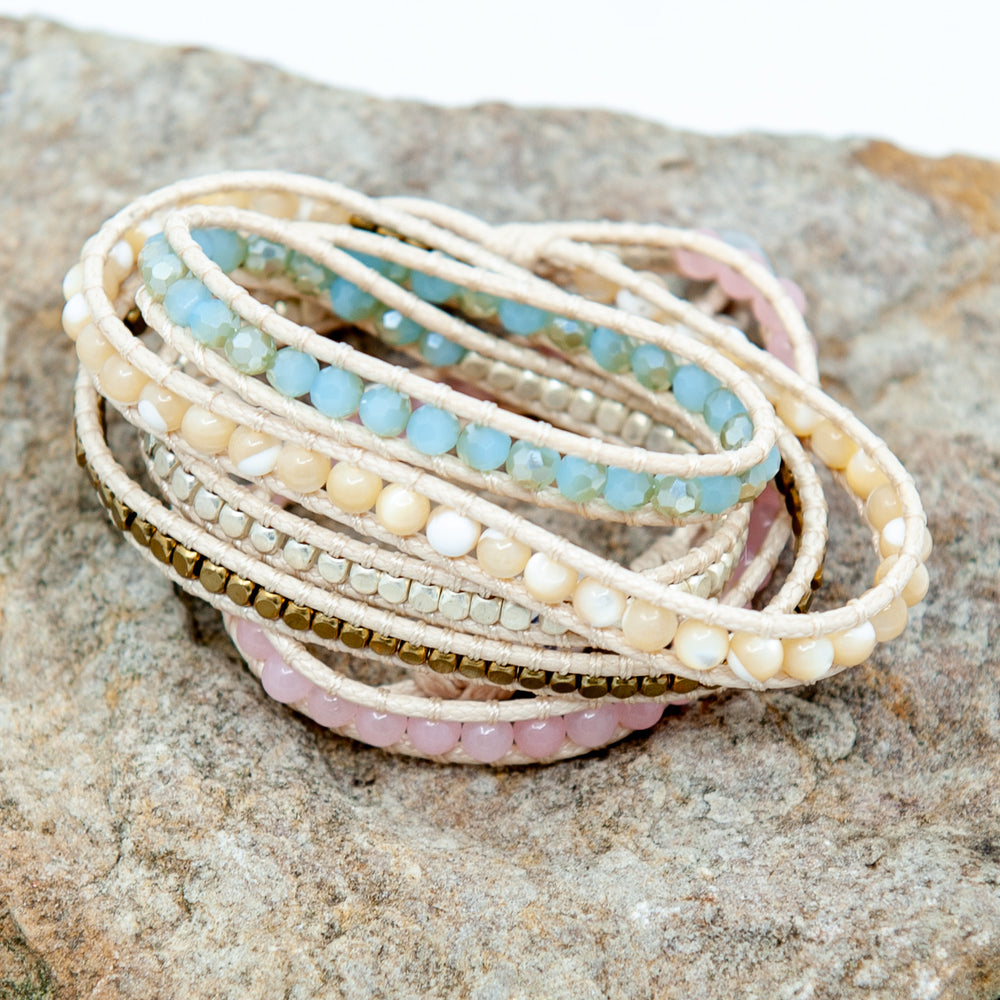 Tan Wrap Bracelet w/ Pink and Light Blue Beads