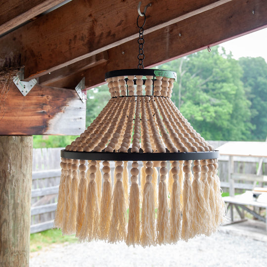 Boho Wood Bead Chandelier with Tassels