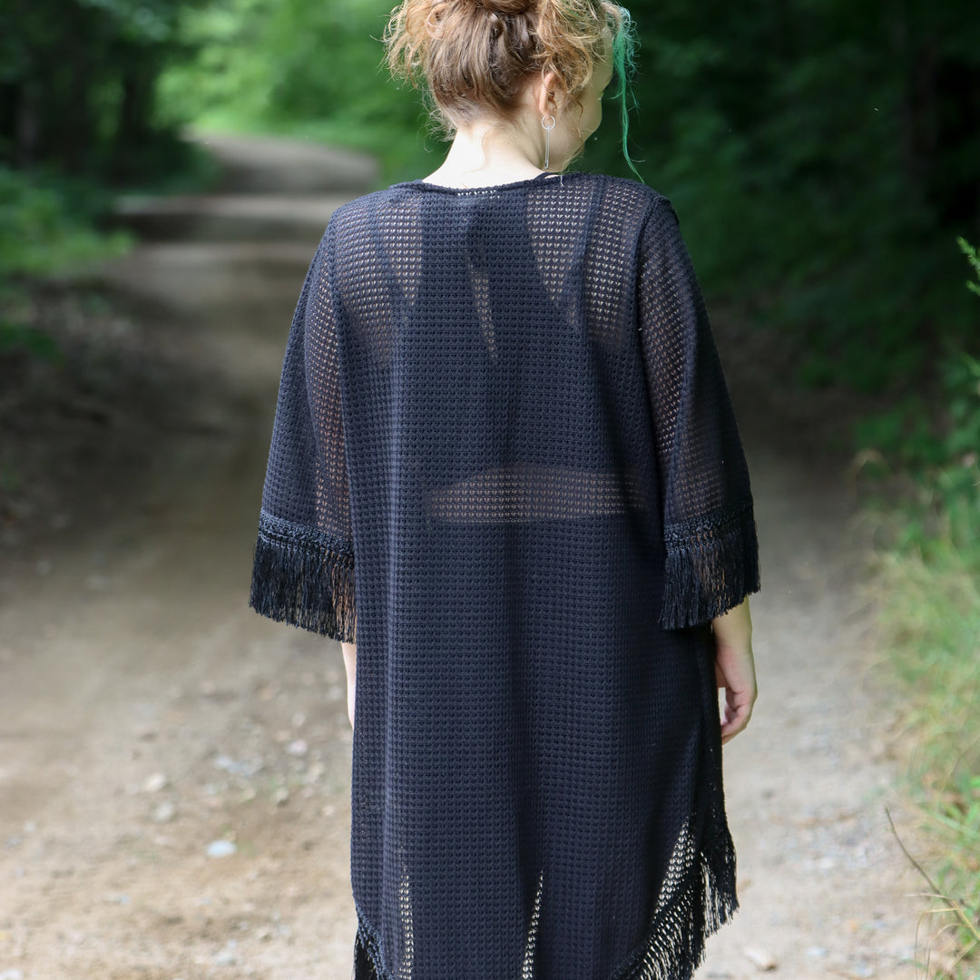 Black Crochet Fringed Kimono