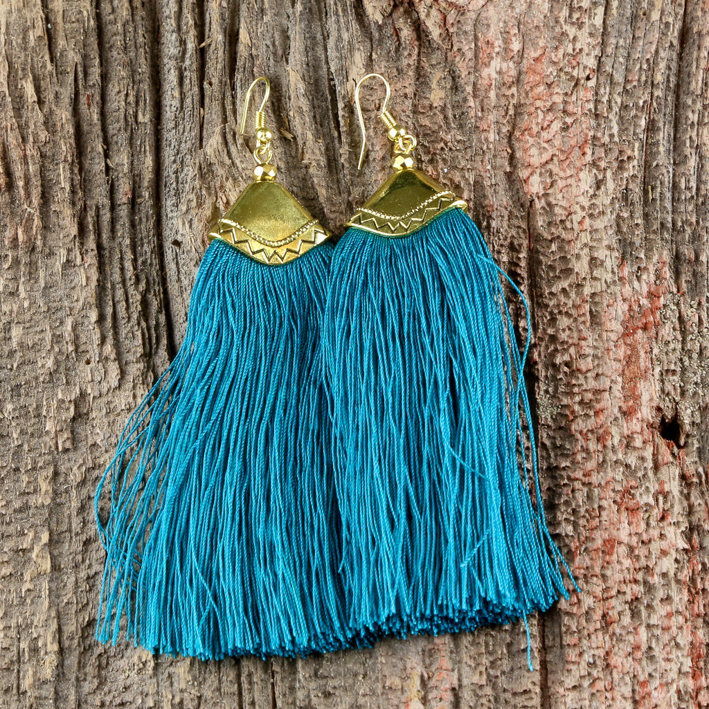 Teal hot sale tassel earrings