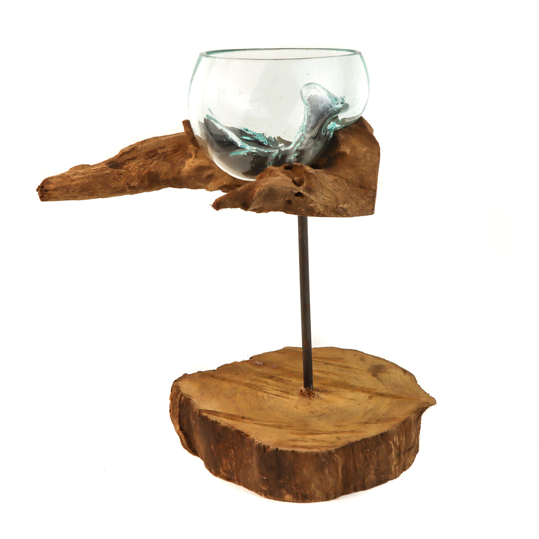 Globe en verre sur bois naturel avec support en fer