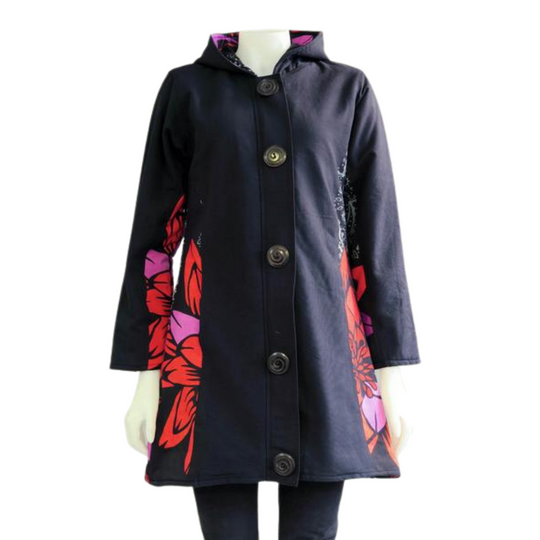 Big Flower Canvas Fleece Lined Jacket-Black