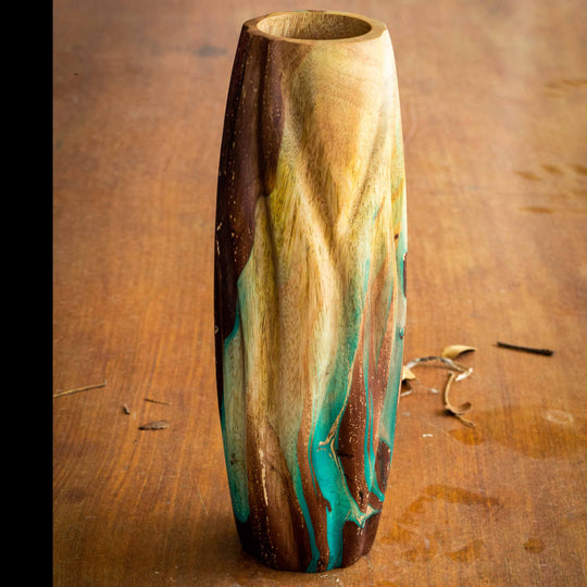 Mango Wood Ribbed Cylinder Vase - 15" (Turquoise)