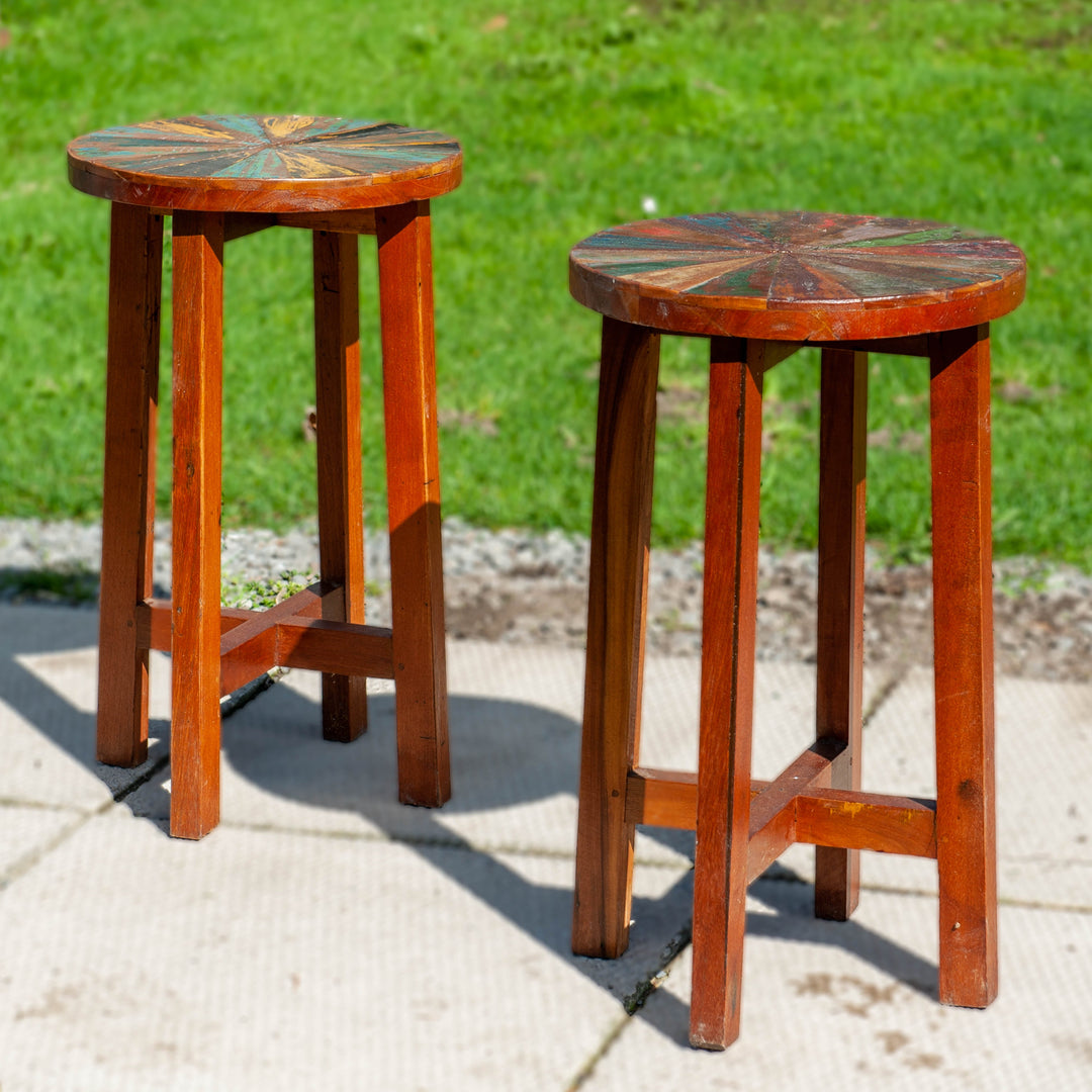 Medium size stools made of reclaimed teak wood with colourful seats