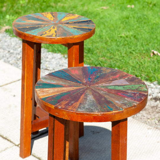 Medium size stools made of reclaimed teak wood with colourful seats