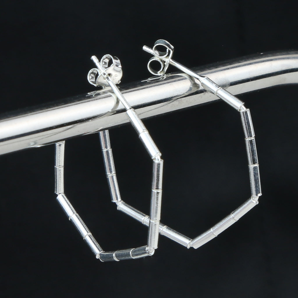 Silver Bead Hexagon Hoop Earring