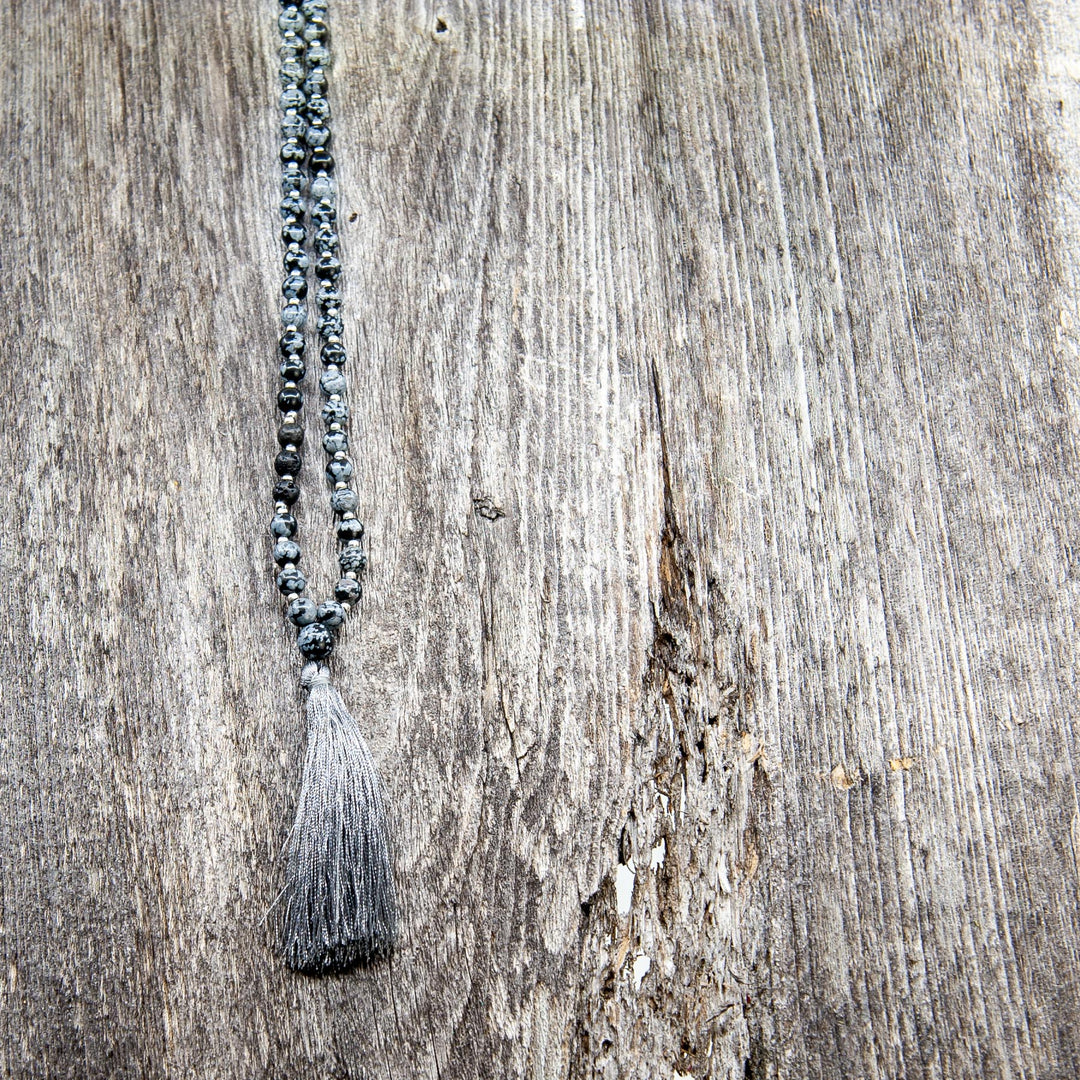 Mala Bead Necklace (8mm)- Snowflake Obsidian