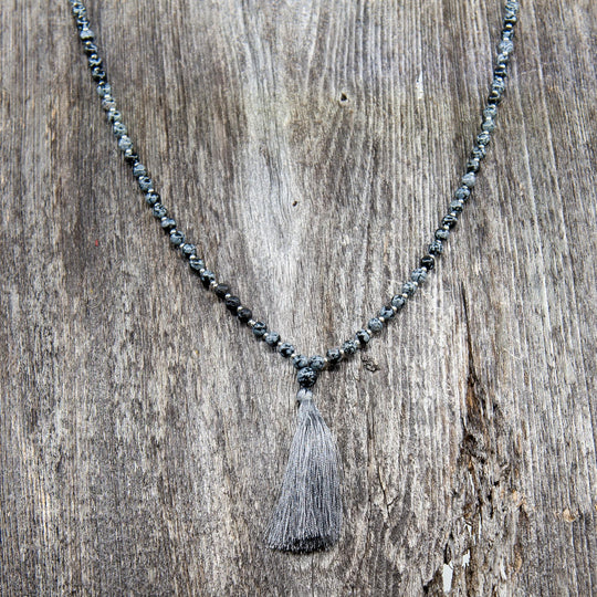 Mala Bead Necklace (8mm)- Snowflake Obsidian