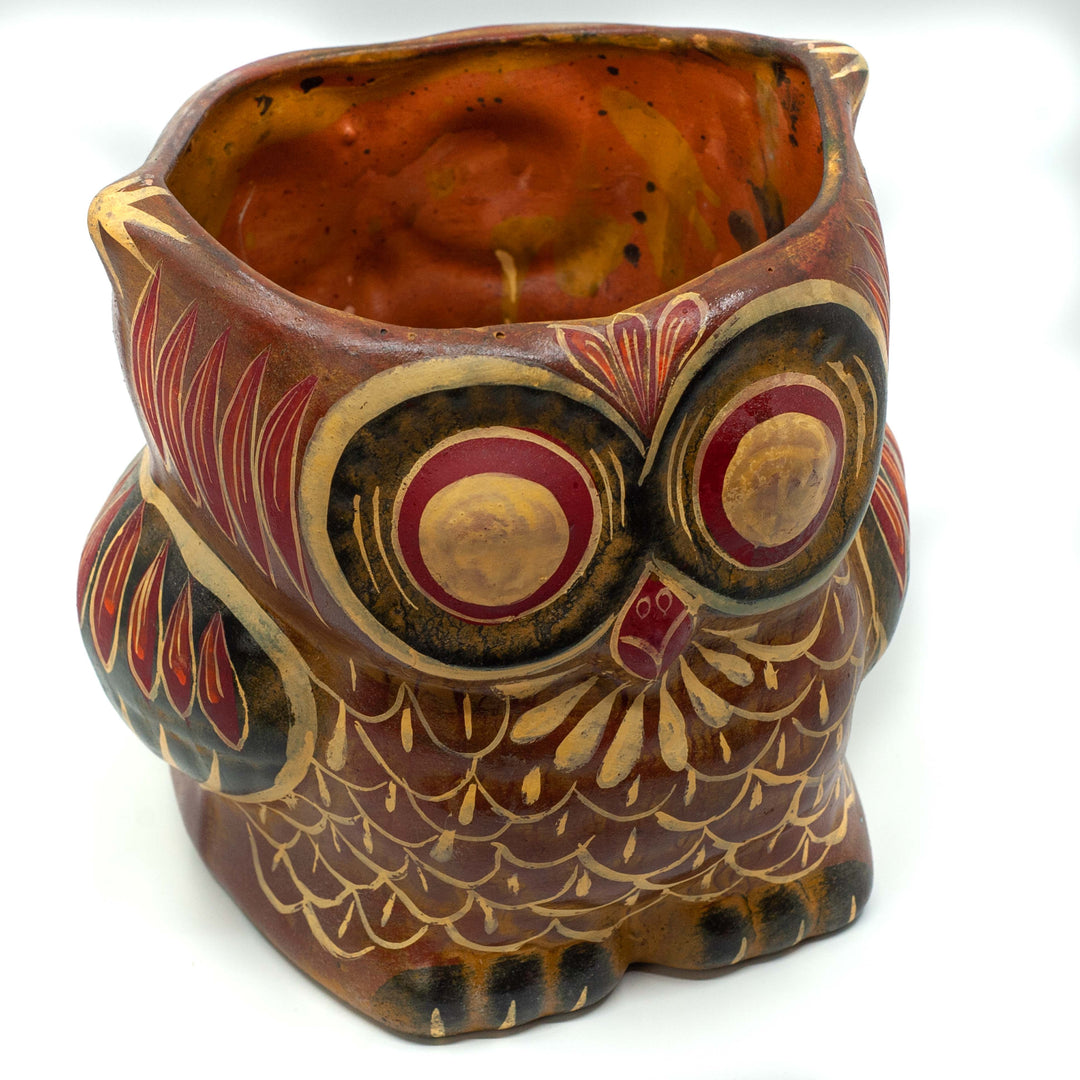 Photo of terracotta hand-painted planter in the shape of an owl 