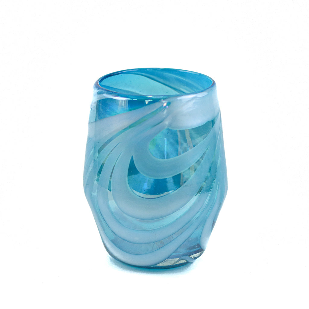 Verre à Vin Mexicain Sans Pied - Lustre Tourbillon Aqua &amp; Blanc - 4.5"