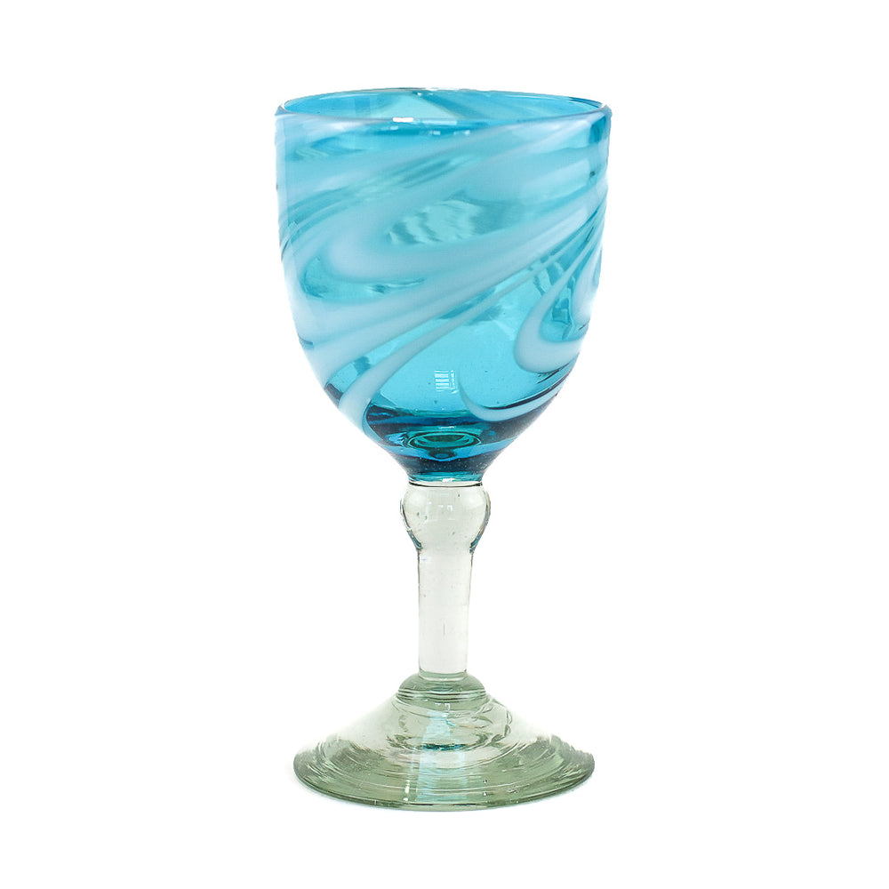 Mexican Wine Glass - Aqua & White Swirl Lustre - 7"