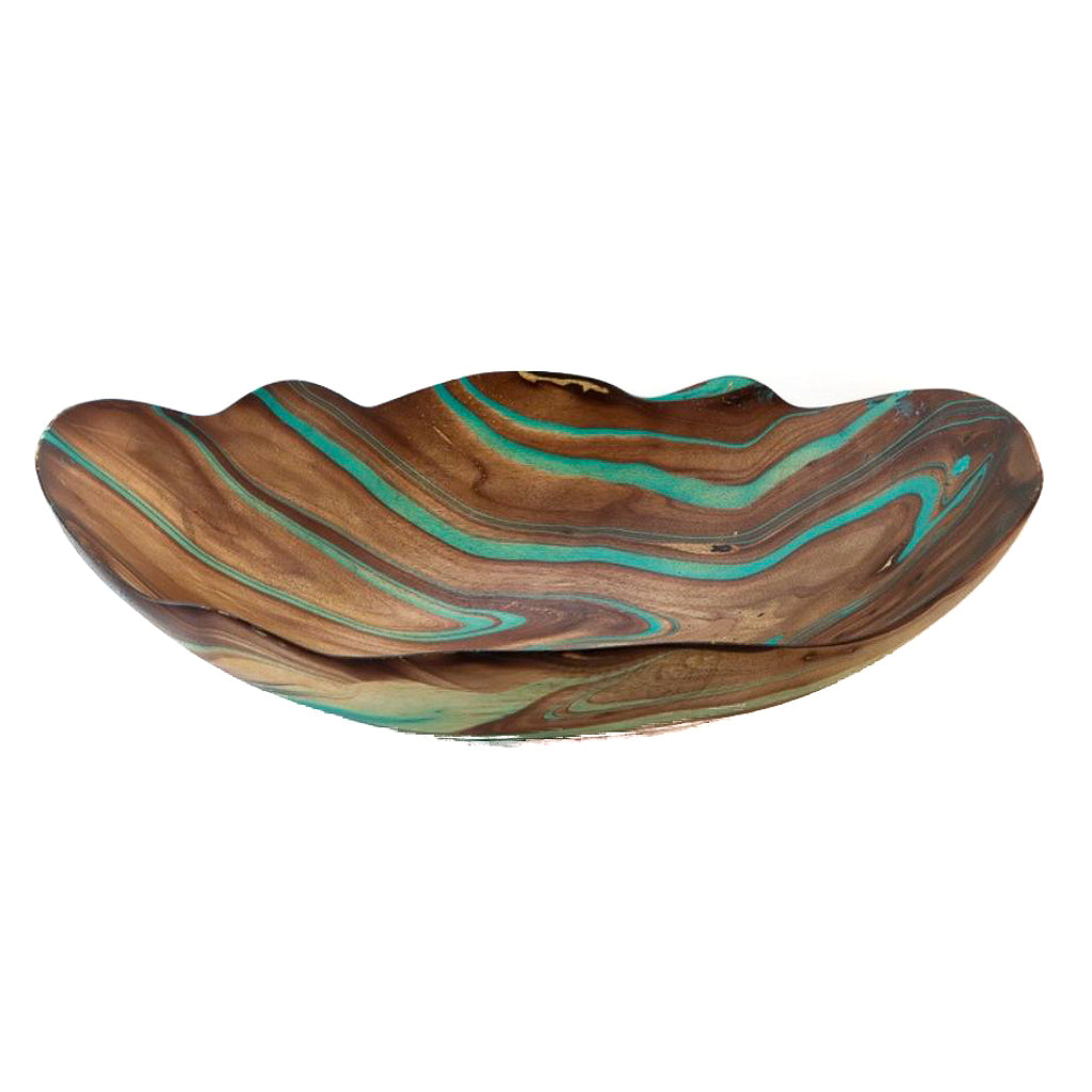 Bol Oblong Fleur en Bois de Manguier - 10" x 16" (Turquoise)