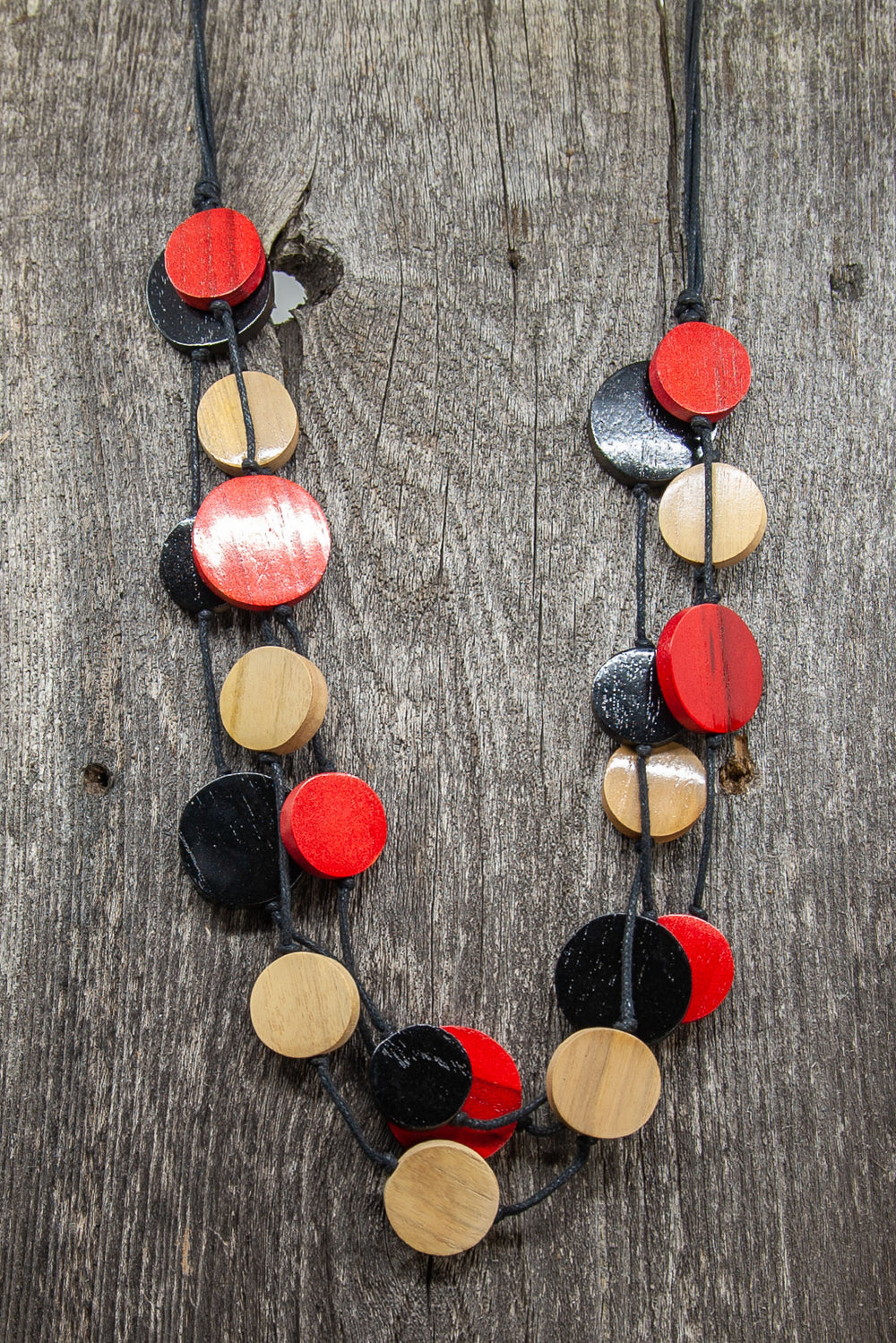 Wooden Circle Necklace - Black/Red/Natural