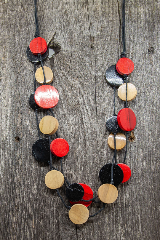 Collier Cercle en Bois - Noir/Rouge/Naturel