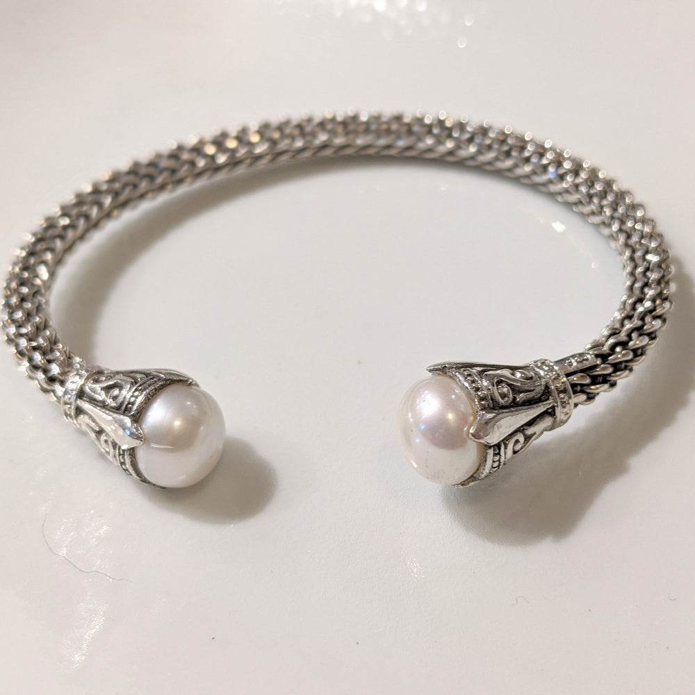 Bali Silver Cuff Bracelet with Pearl Weave Design