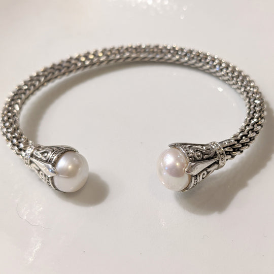 Bali Silver Cuff Bracelet with Pearl Weave Design