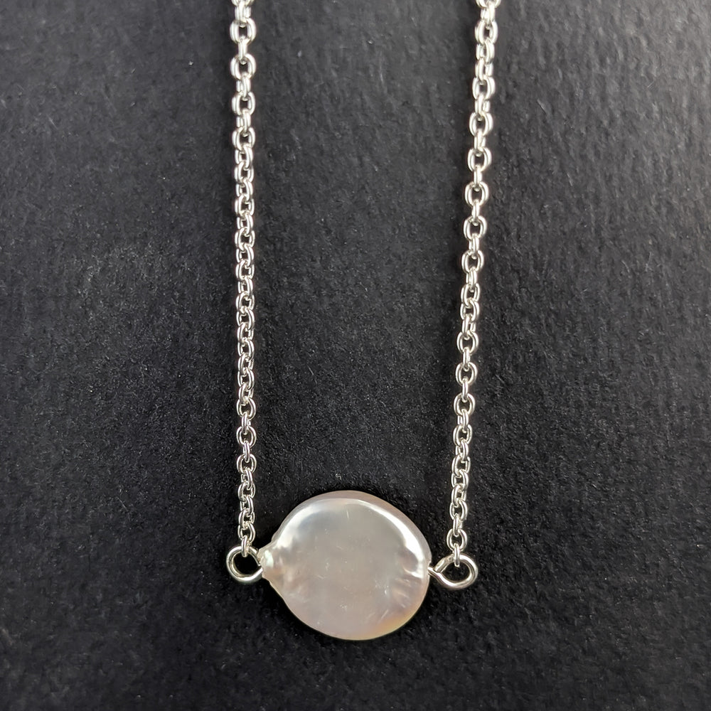 Round Pearl Coin Silver Necklace