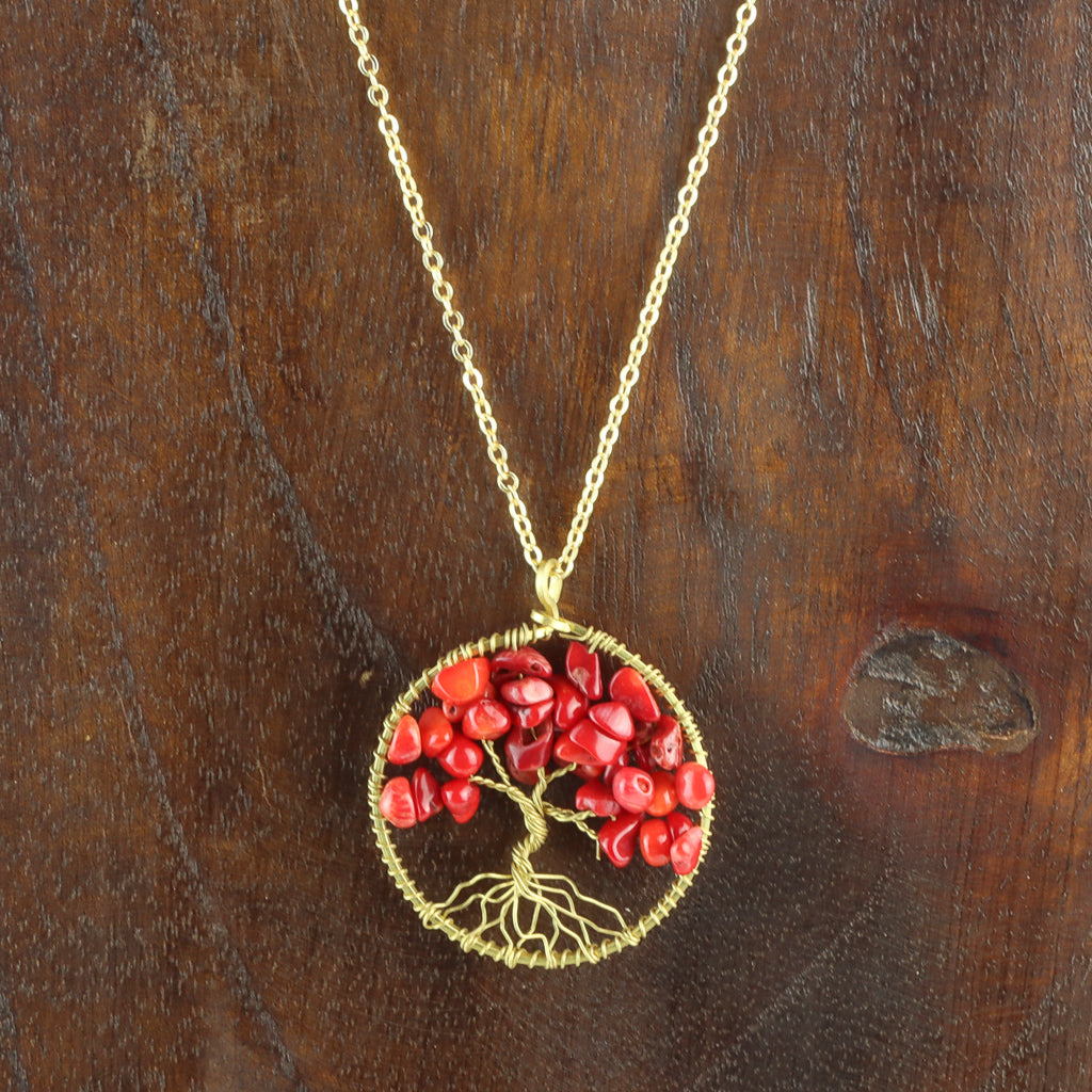 Collier Arbre de Vie Plaqué Or - Corail Rouge