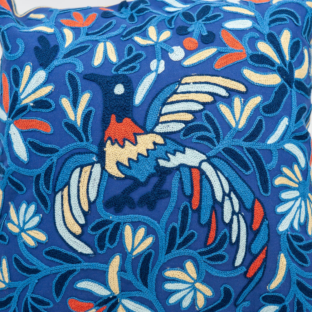 Housse de Coussin Brodée - Oiseau Bleu