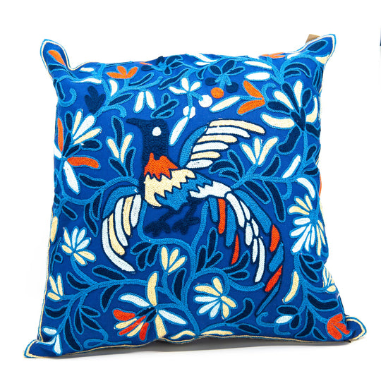 Housse de Coussin Brodée - Oiseau Bleu