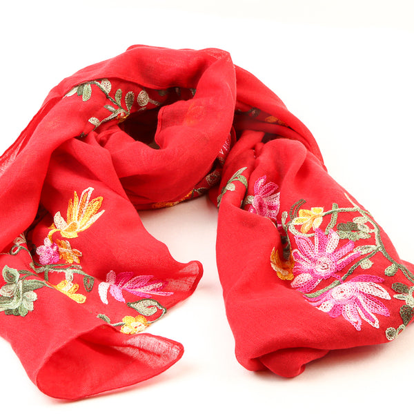 Floral Bud Embroidered Wool Scarf