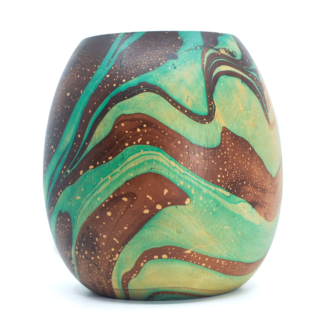 Photo of a mango wood egg shape vase in various colours featuring a dip dyed pattern