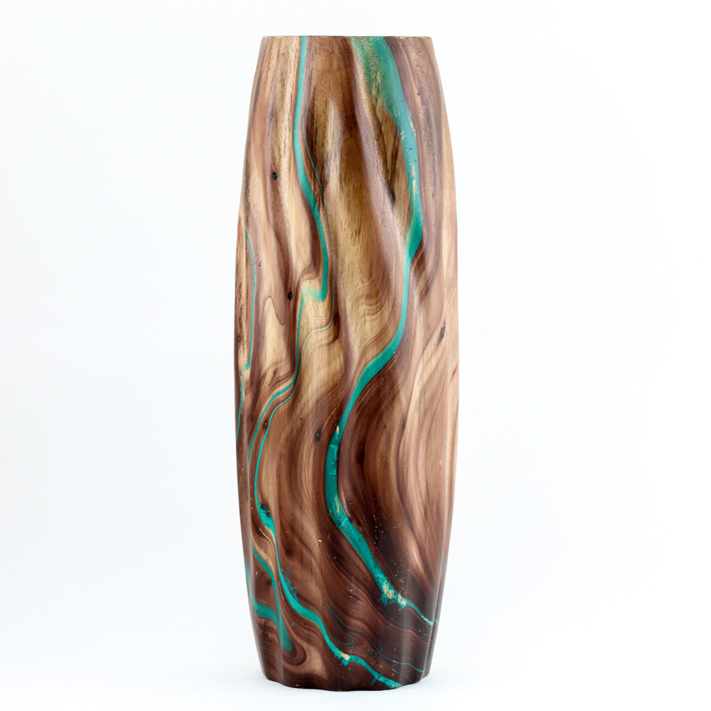 Mango Wood Ribbed Cylinder Vase - 15" (Turquoise)