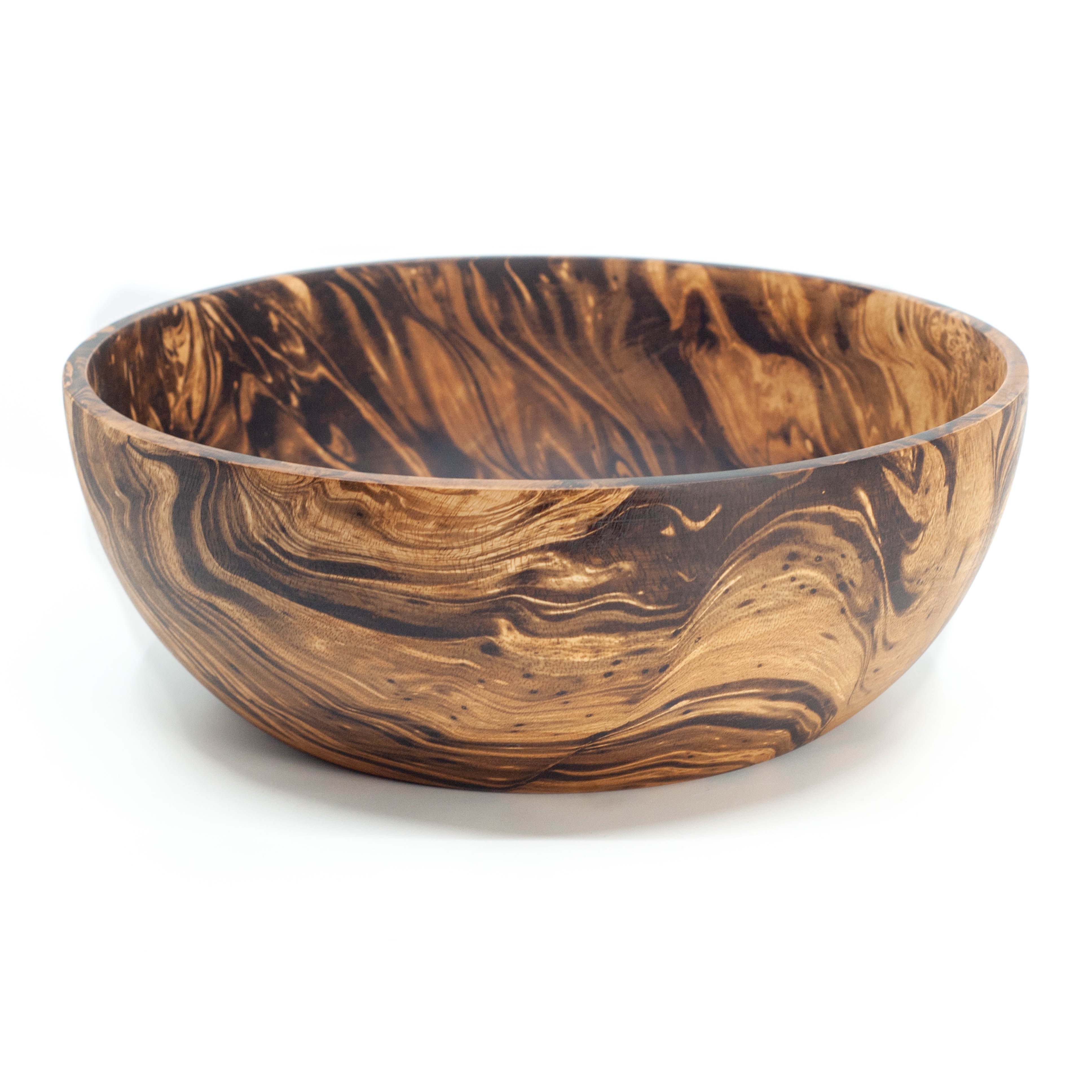 Photo of a mango wood large salad bowl in various colours featuring a dip dyed pattern