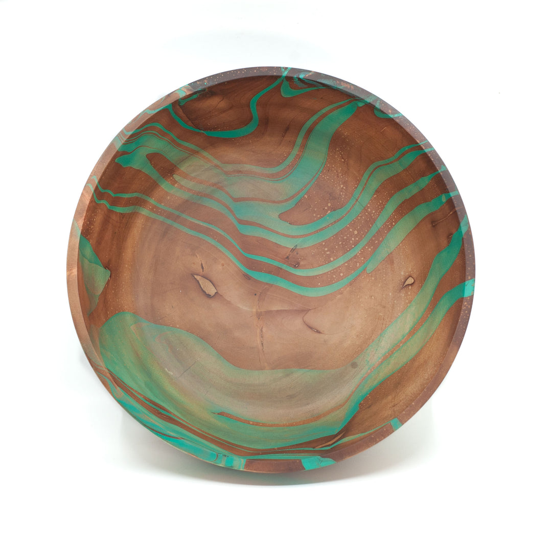 Photo of a mango wood large salad bowl in various colours featuring a dip dyed pattern