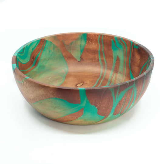 Photo of a mango wood large salad bowl in various colours featuring a dip dyed pattern