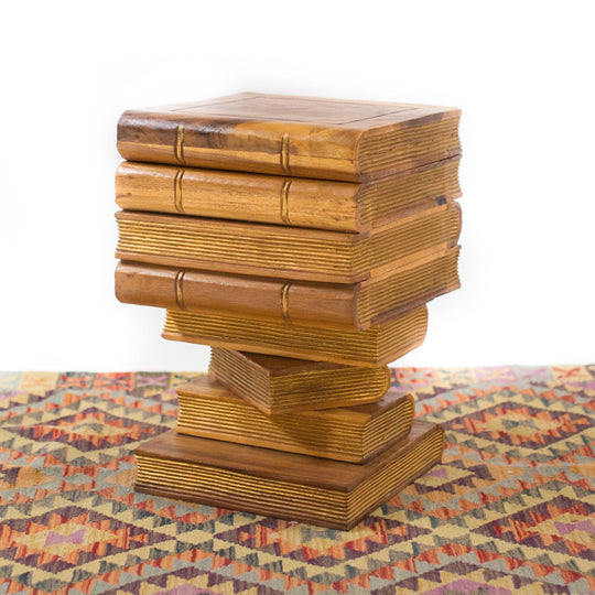 Photo of stacked book shelf style table with a storage opening on top 