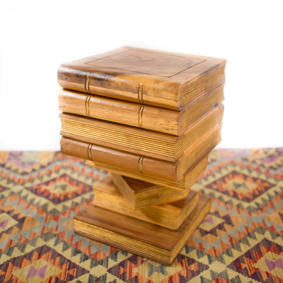 Photo of stacked book shelf style table with a storage opening on top 