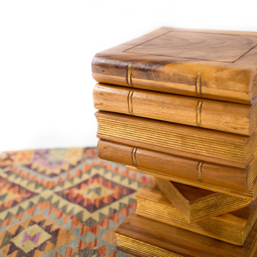 Photo of stacked book shelf style table with a storage opening on top 