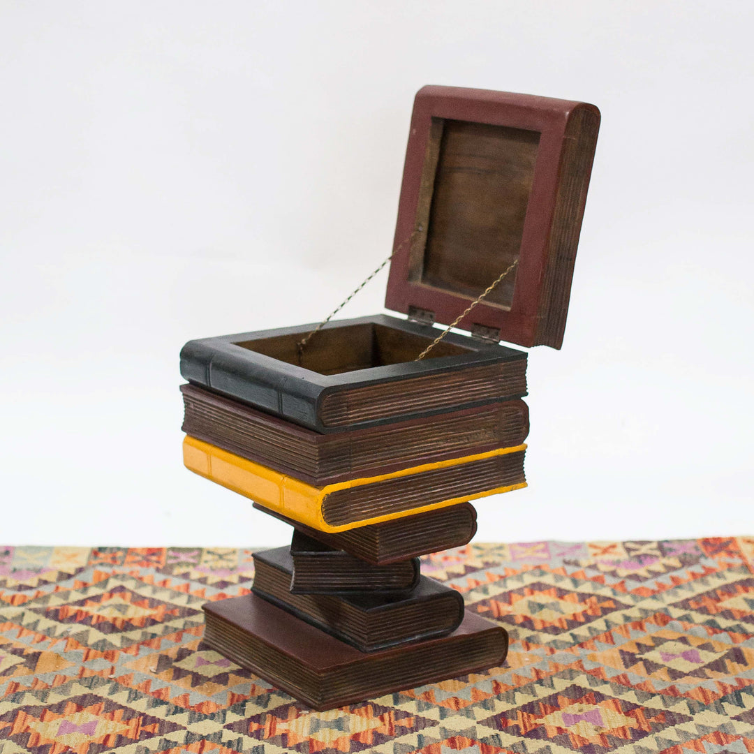 Photo of stacked book shelf style table with a storage opening on top 