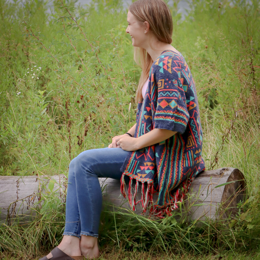 Southwest Fringe Cardigan- Pink/Blue